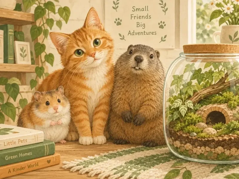 萌宠剧场 - 花魁短剧免下载 小动物主角 萌宠剧场栏目标识插画:仓鼠、橘猫与土拨鼠并排坐在玻璃窝旁