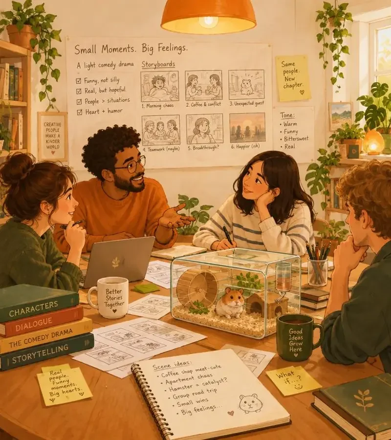 关于我们 - 花魁短剧免下载 内容团队 关于我们插画:花魁短剧免下载团队围桌做分镜的日常